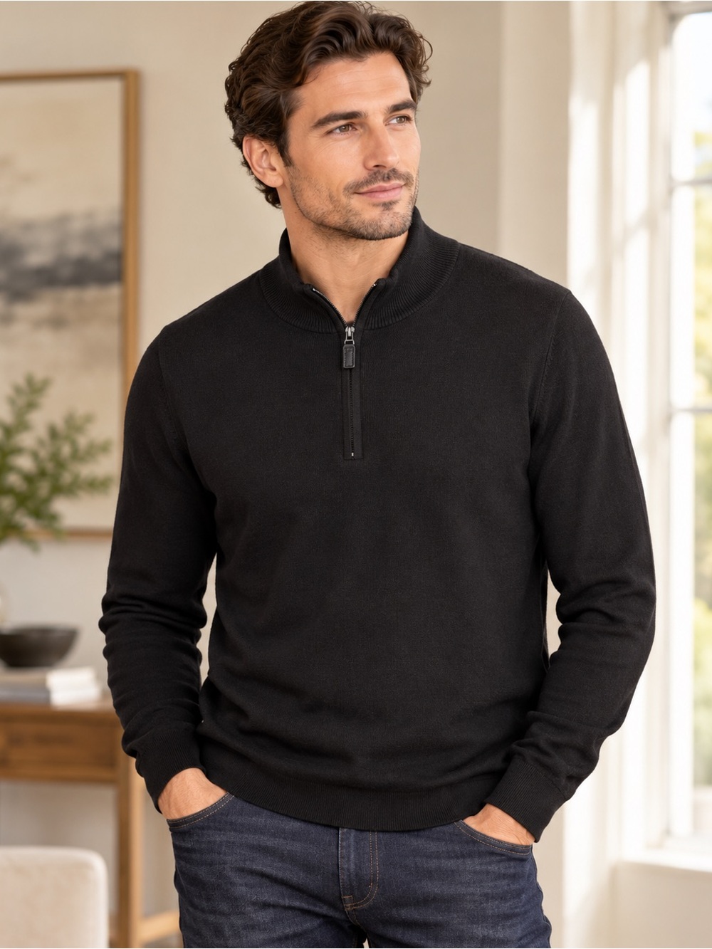Joseph Abboud 100% Merino Wool Quarter Zip Sweater XXL Black